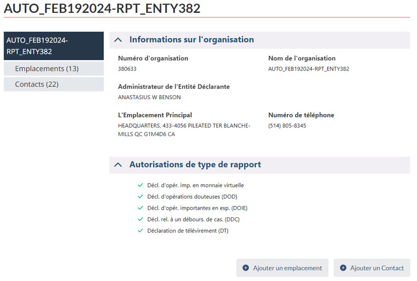 Page d'informations sur l'organisation avec détails, autorisations de type de rapport, et options pour ajouter un emplacement ou un contact.
