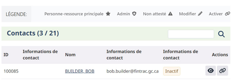 Liste de contacts affichant l’ID 100085, rôle ‘Informations de contact,’ nom ‘BUILDER, BOB,’ email, statut ‘Inactif,’ et icônes de visualisation/reactivation.