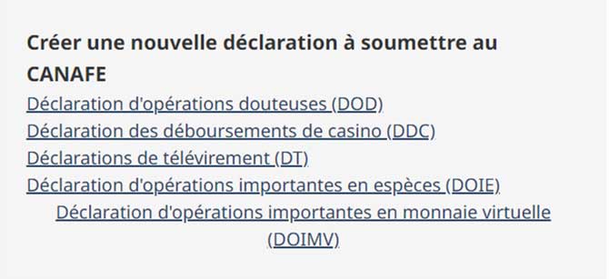 Section 'Créer une nouvelle déclaration à soumettre a CANAFE' avec liens pour DOD, DDC, DT, DOIE, et DOIMV.